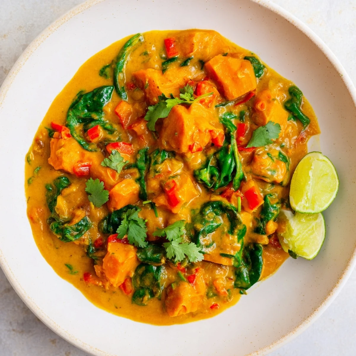 Aromatic Vegan Sweet Potato Curry with tender sweet potatoes, flavorful spices and spinach, ready to serve.