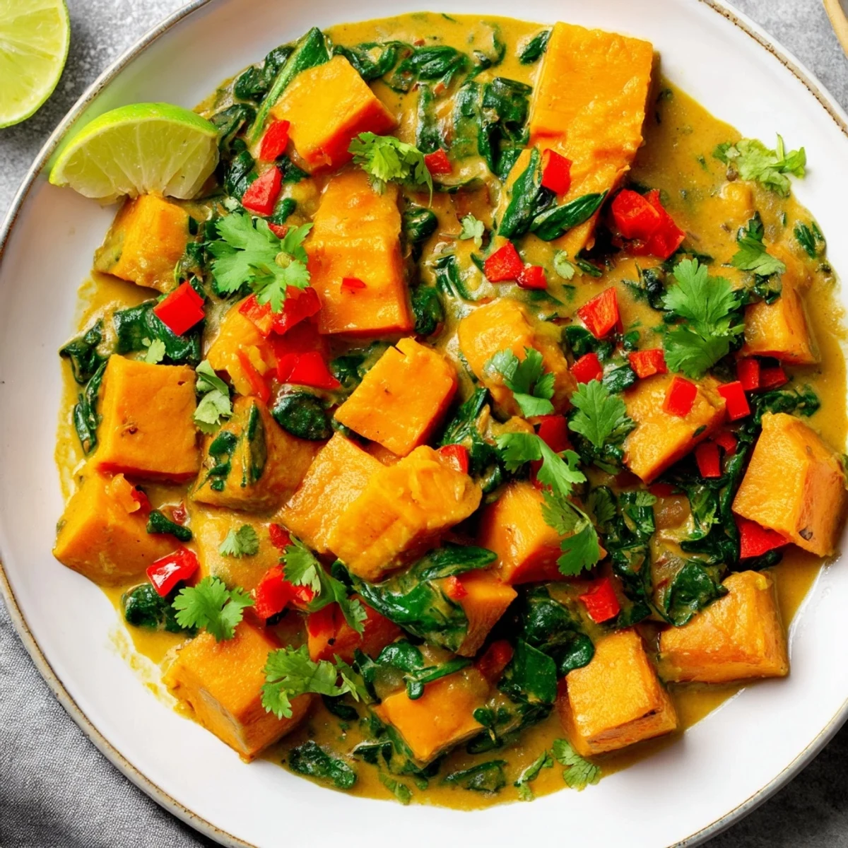 Steaming Vegan Sweet Potato Curry with spinach in a bowl, garnished with fresh cilantro and lime wedges.