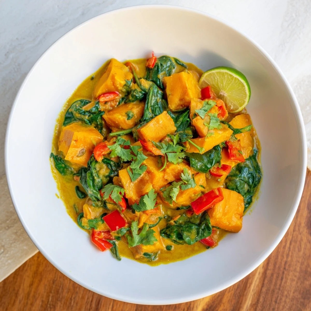 Colorful photo of creamy Vegan Sweet Potato Curry, a comforting vegan meal with rich coconut milk and vibrant spinach.