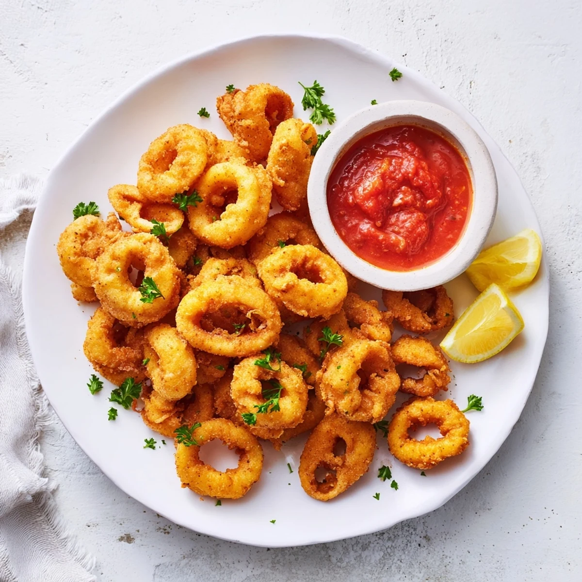 Golden, crispy calamari rings sit next to a vibrant red marinara dipping sauce ready to enjoy.