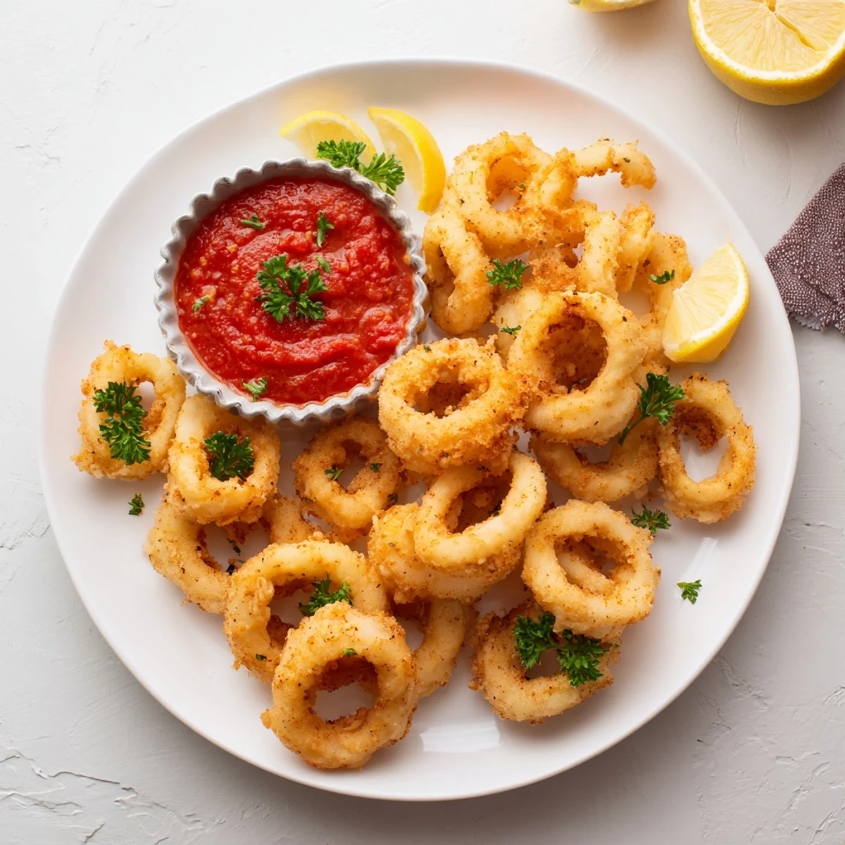 Perfectly fried crispy calamari with a tantalizing aroma, served hot with fresh parsley and sauce.