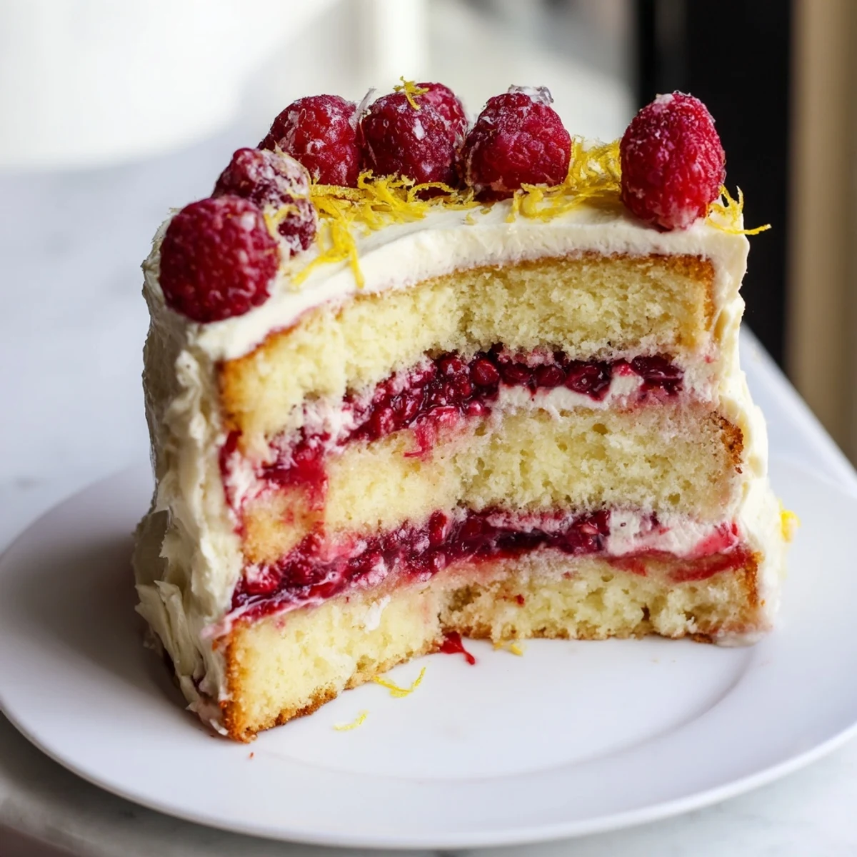 This vibrant Lemon Raspberry Layer Cake shows off its fluffy cream cheese frosting and decorative berries.