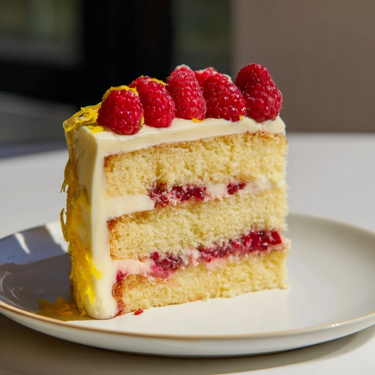 A beautifully frosted Lemon Raspberry Layer Cake, with fresh raspberries layered throughout.