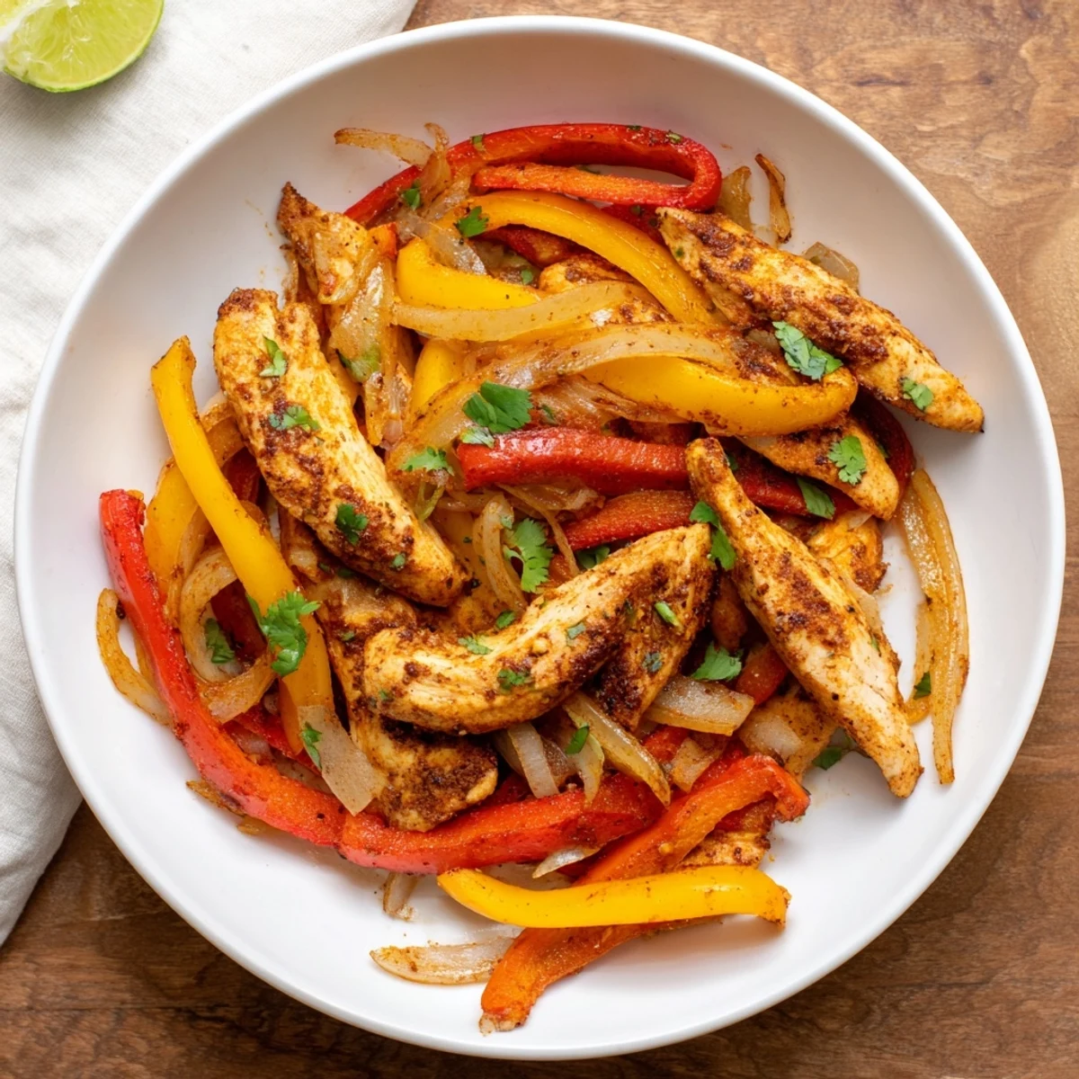 Sheet pan chicken fajitas with sizzling vegetables, ready to be served in warm tortillas with lime.