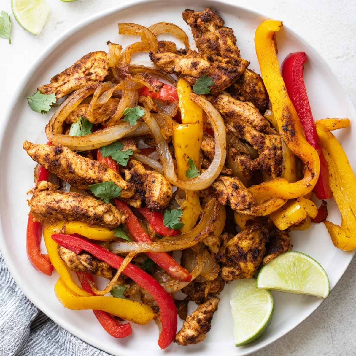 A close-up of delicious, cooked sheet pan chicken fajitas with visible spices mingling together on the tray.