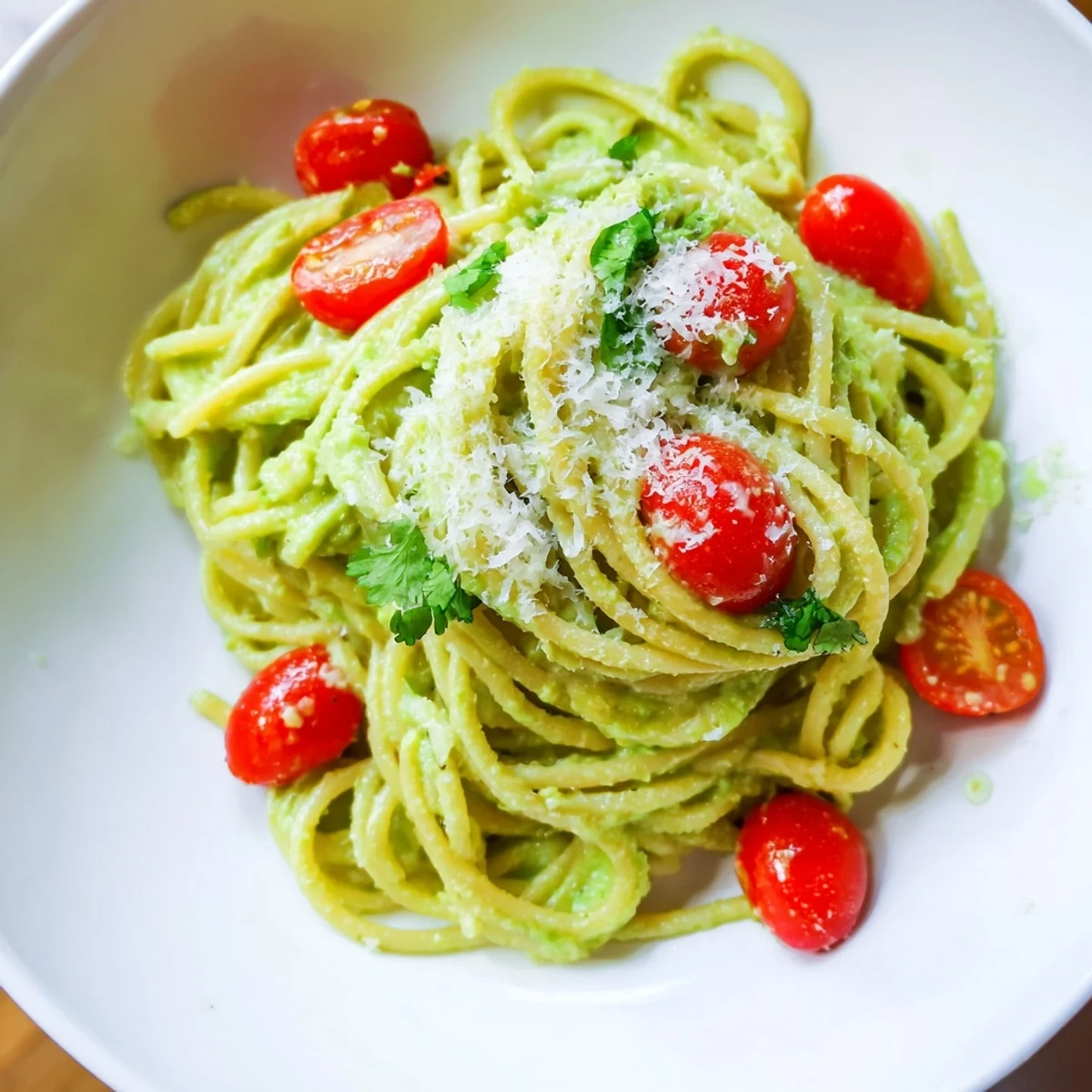 Creamy Avocado Lime Pasta with Cherry Tomatoes, a vivid picture of fresh pasta coated in green sauce.