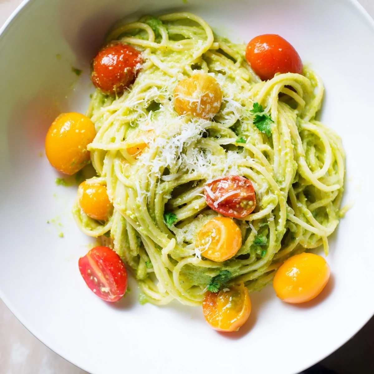 Close-up of Creamy Avocado Lime Pasta, bright cherry tomatoes topping flavorful vegetarian dish.