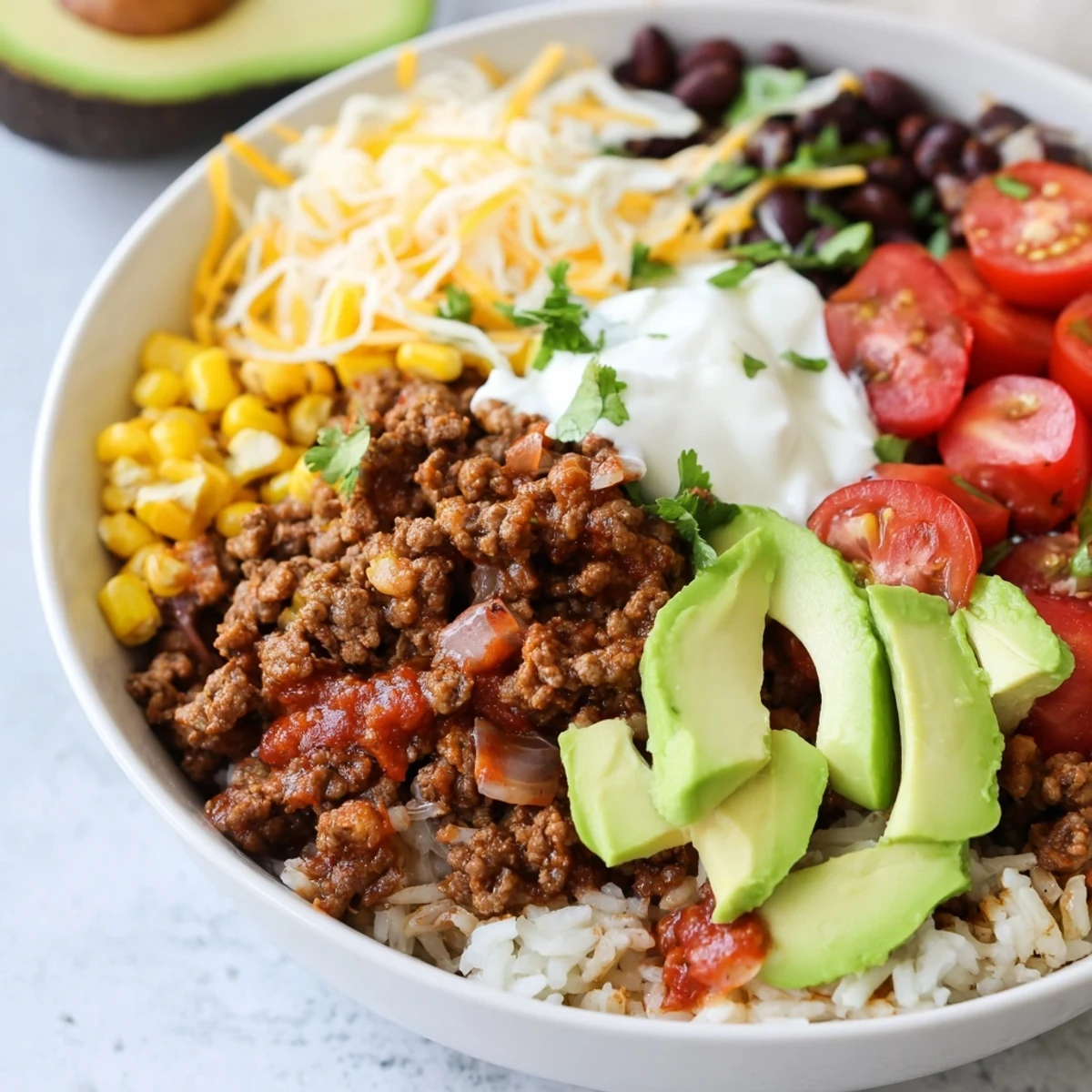 A hearty serving of Beef Burrito Bowls with Cilantro Lime Rice piled high with seasoned ground beef and corn.