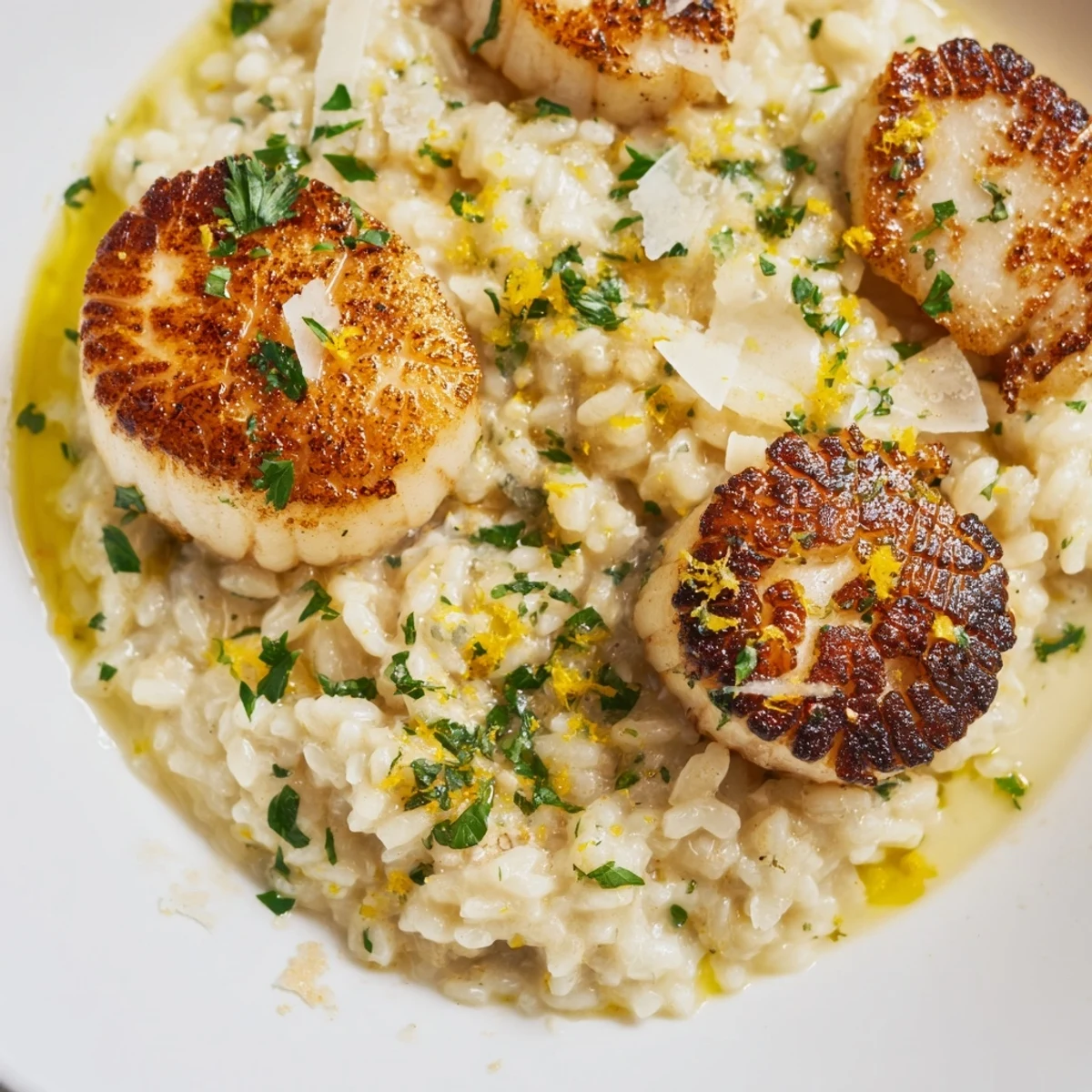 Golden-brown seared scallops glazed in lemon-garlic butter sauce, nestled on creamy Parmesan risotto garnished with fresh parsley.