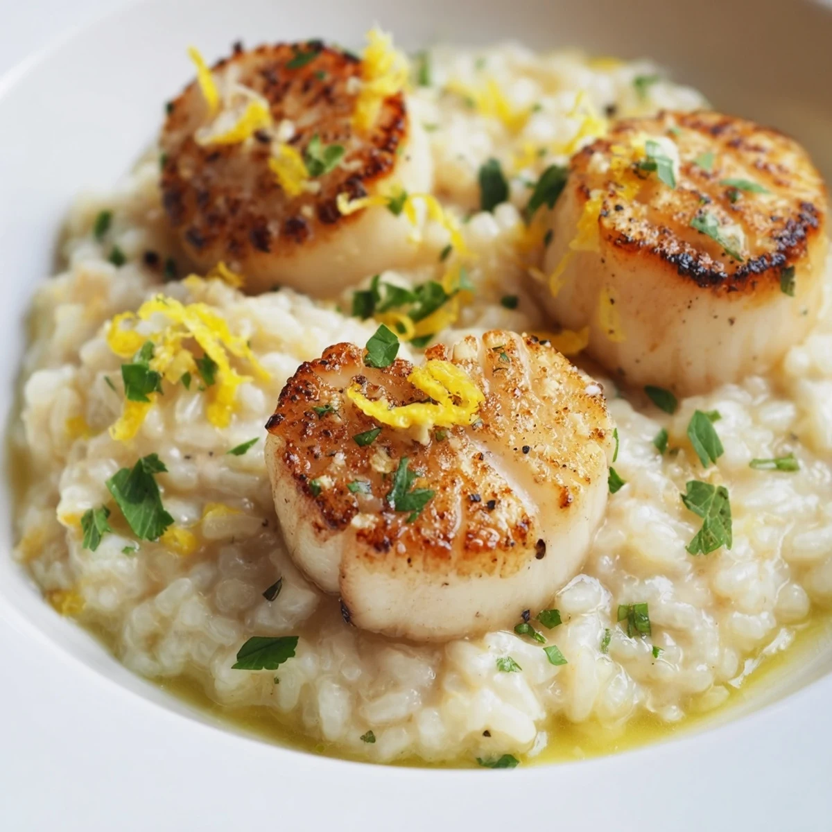 Platter of tender scallops with vibrant lemon butter, served alongside rich, steamy risotto for an elegant Italian-inspired dinner.