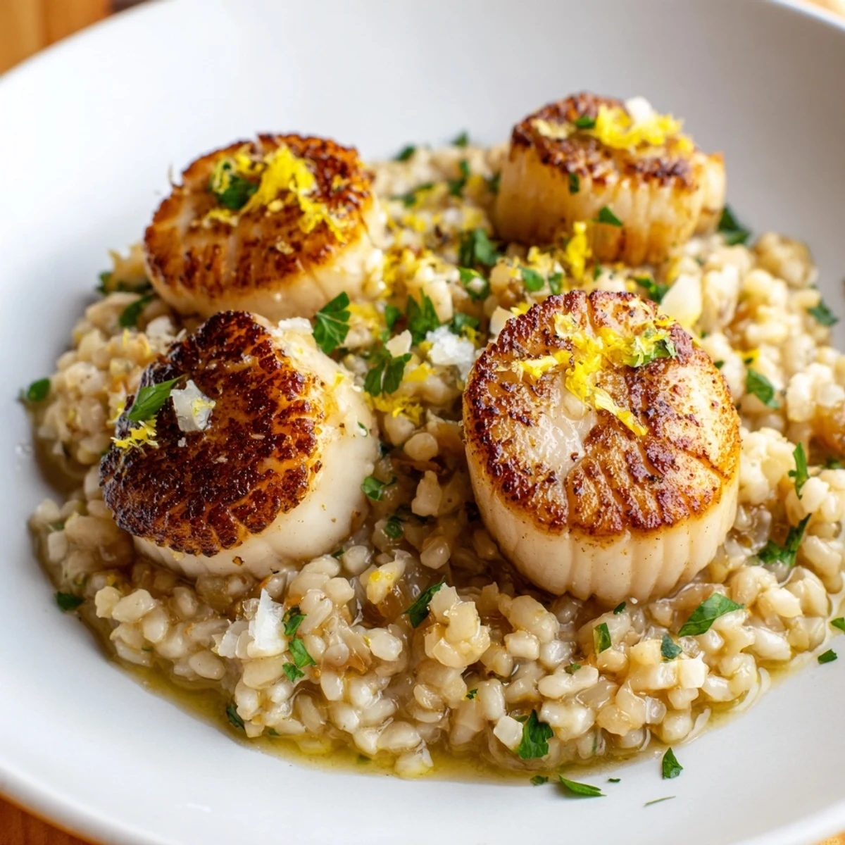 Freshly cooked lemon garlic scallops topped with zest and herbs, paired with a comforting bowl of creamy Parmesan risotto.