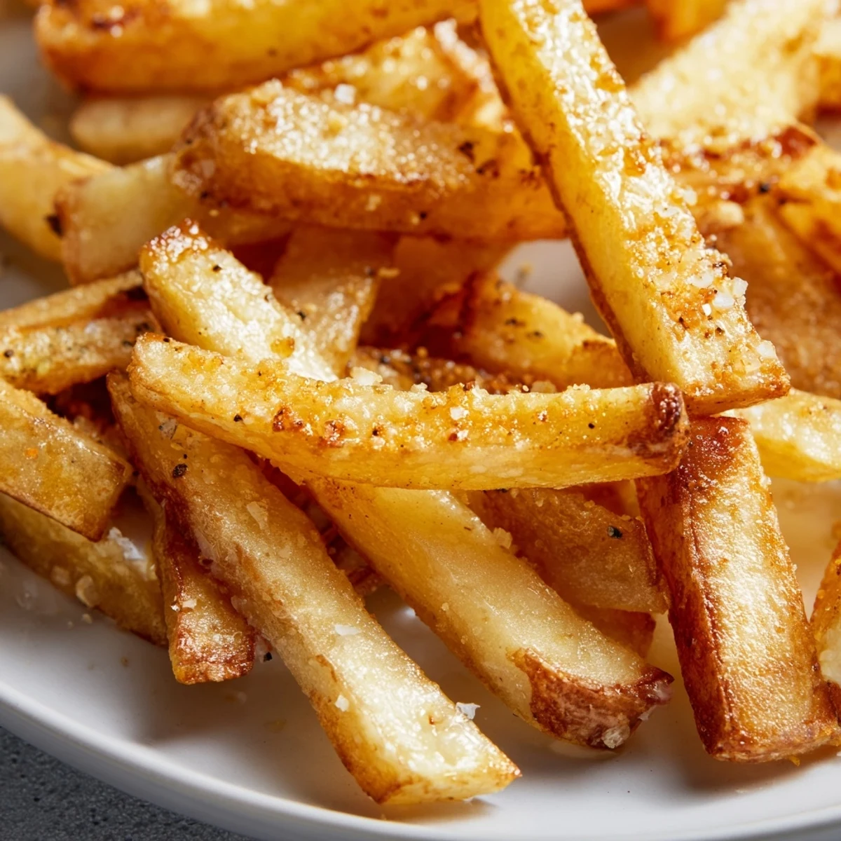 Crispy Air Fryer French Fries with Sea Salt piled high in a serving basket, steaming hot and golden brown. 