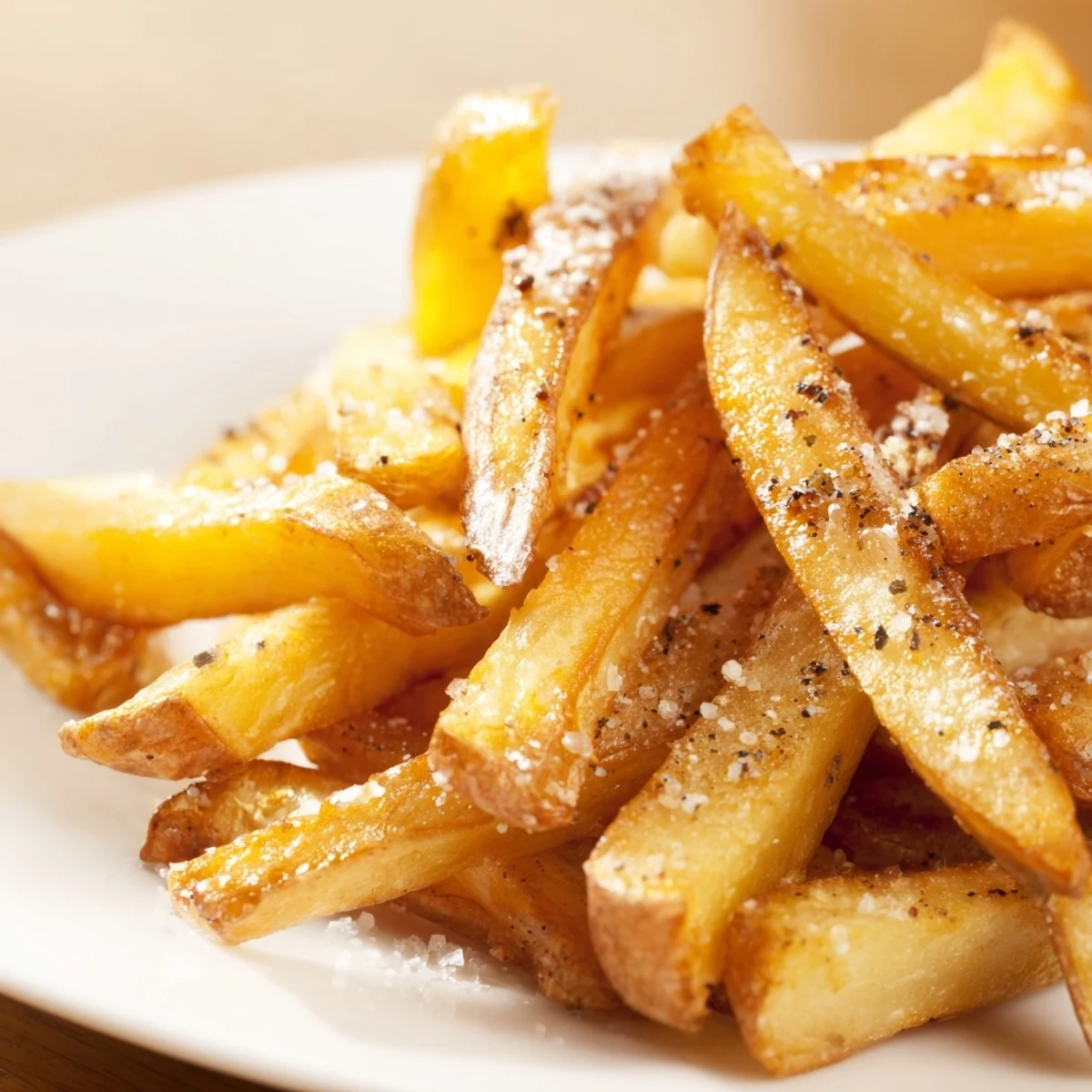 Freshly cooked Crispy Air Fryer French Fries with Sea Salt served on a white plate with parsley garnish.
