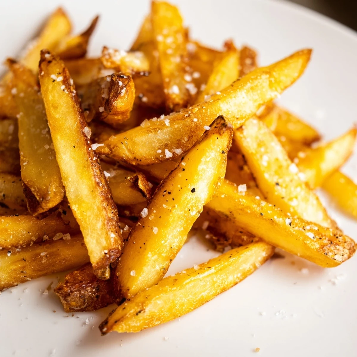 A close-up shows golden Crispy Air Fryer French Fries with Sea Salt next to a small dipping bowl of ketchup. 