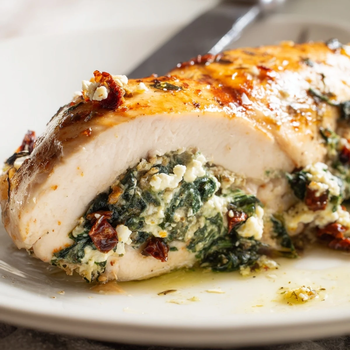 Four golden-baked Spinach and Feta Stuffed Chicken Breasts rest in a white ceramic dish, garnished with fresh parsley.