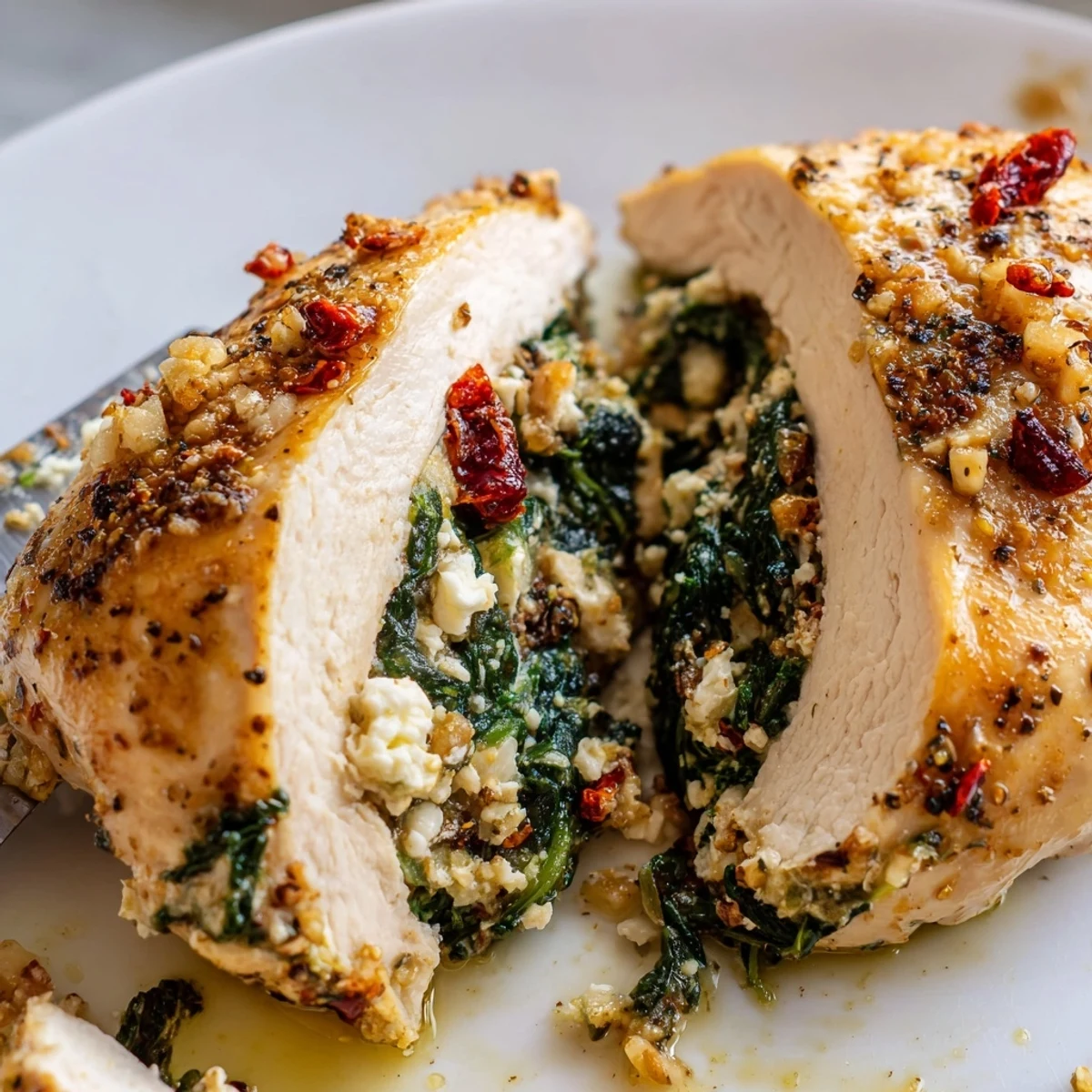 Pair this Spinach and Feta Stuffed Chicken Breast with roasted asparagus and a lemon wedge for a complete meal.