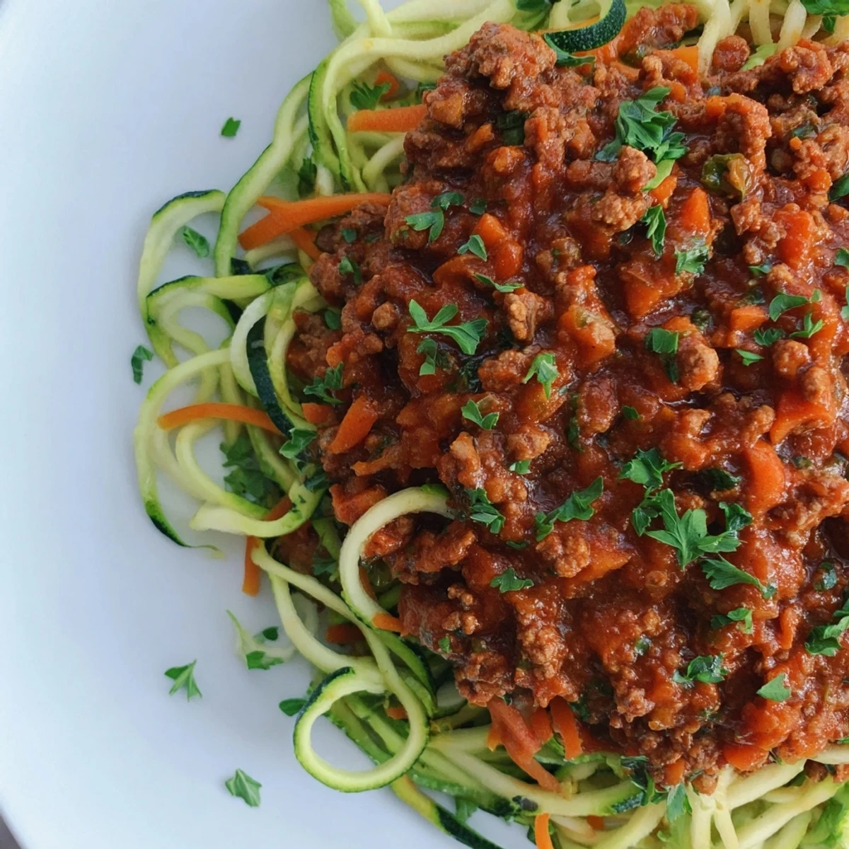 Turkey Bolognese Sauce with Zucchini Noodles served warm and garnished with fresh parsley.