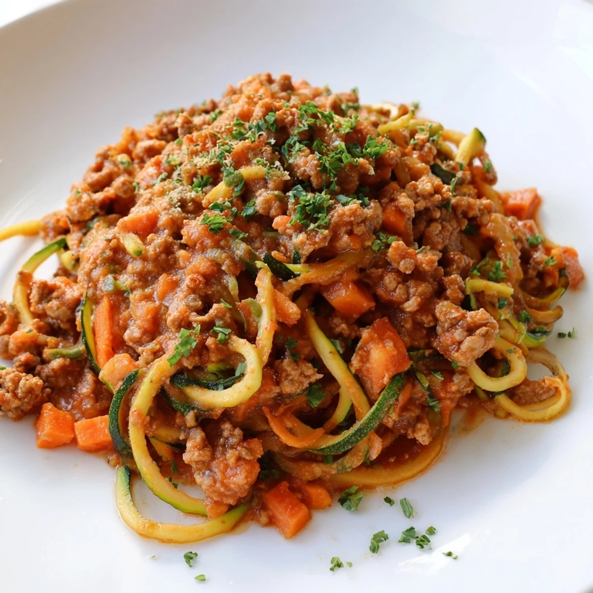 Close-up of low carb turkey Bolognese Sauce with Zucchini Noodles, highlighting the rich red sauce.