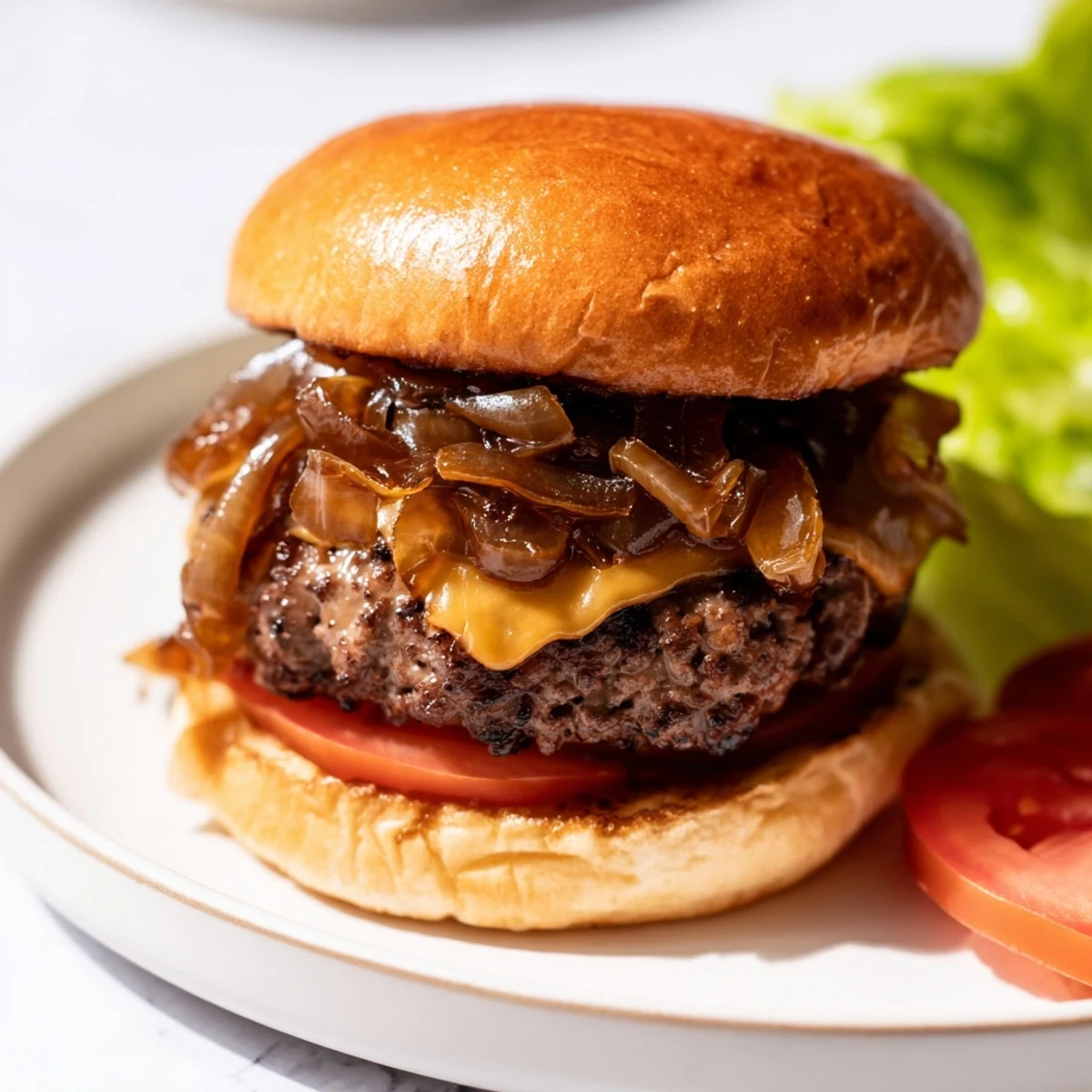 Golden-brown Beef Sliders with Caramelized Onions and Cheese sit on a platter, showcasing melted cheddar and toasted buns.