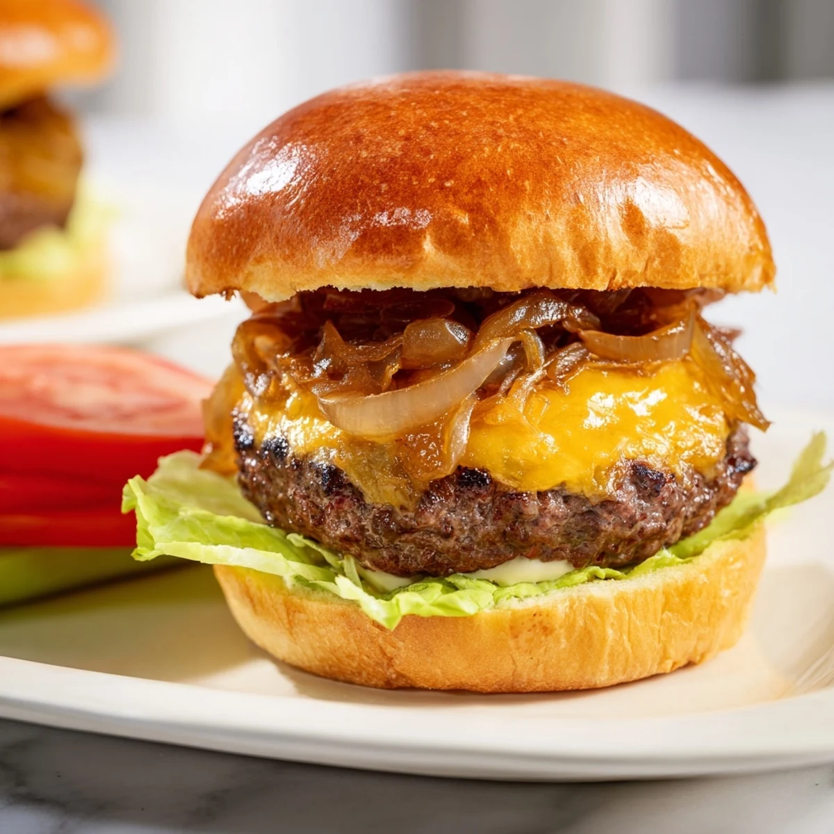 Freshly grilled Beef Sliders with Caramelized Onions and Cheese are stacked high, ready for a backyard party spread.