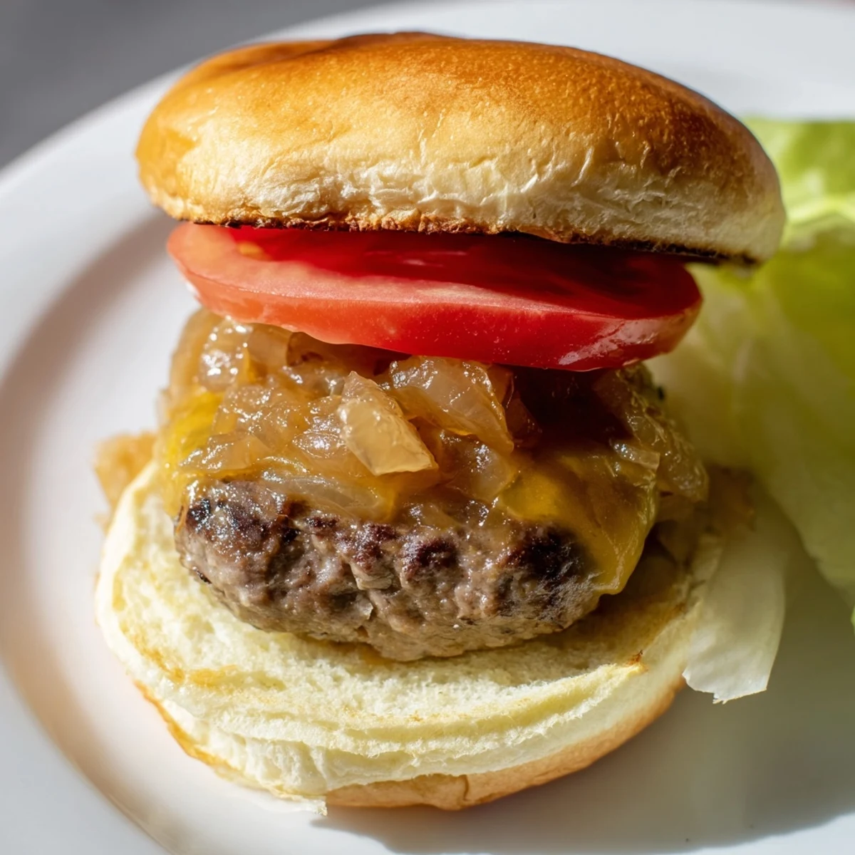 A close-up of Beef Sliders with Caramelized Onions and Cheese reveals juicy patties and rich, sweet onion topping.