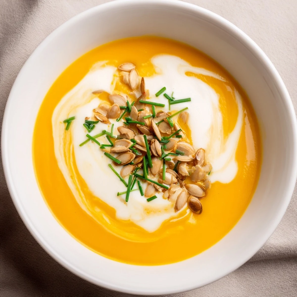Creamy Pumpkin Soup with Pumpkin Seeds served steaming in a rustic bowl, garnished with toasted seeds and fresh herbs.