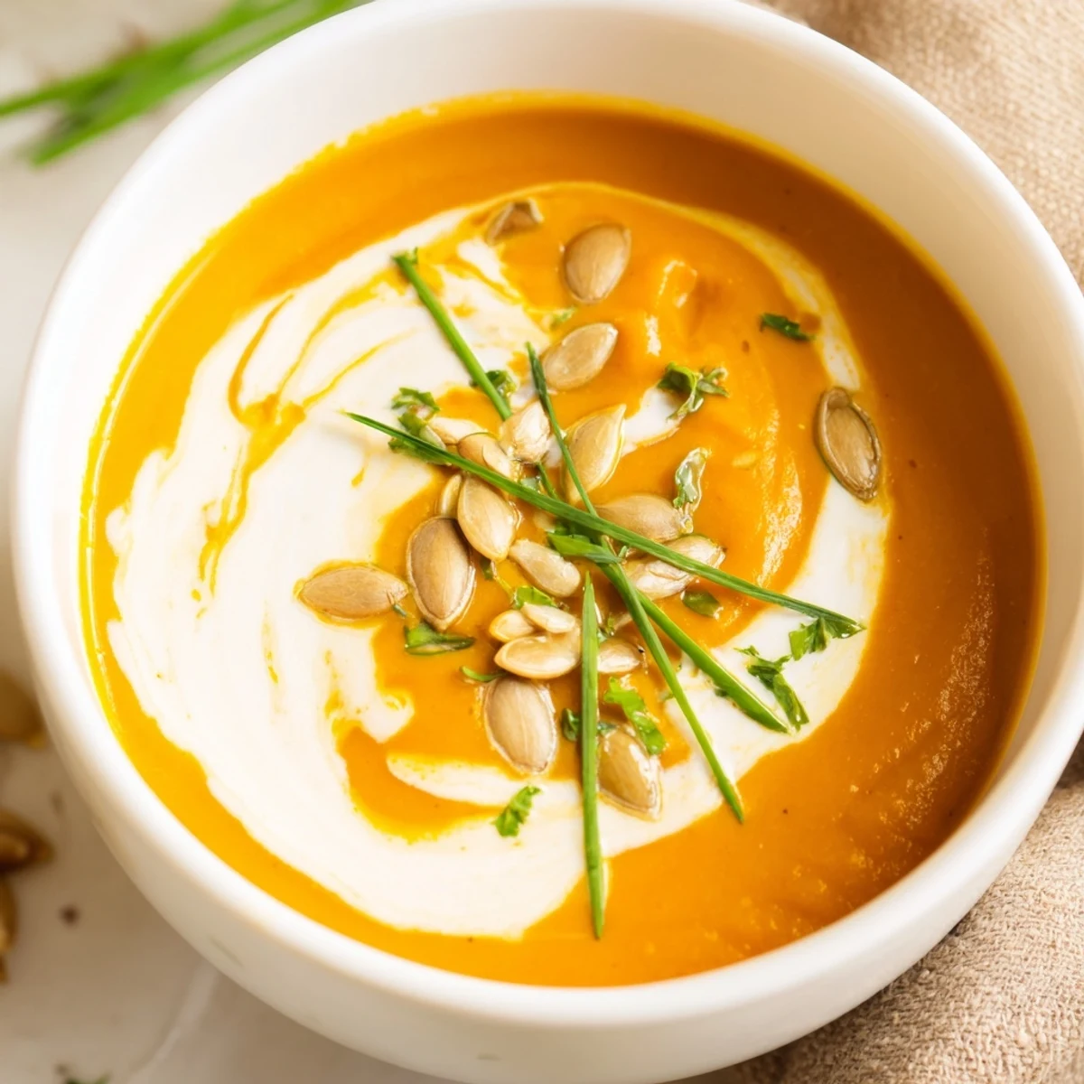 This vegetarian Creamy Pumpkin Soup with Pumpkin Seeds is silky smooth with nutmeg and cumin, ideal for autumn dinners.