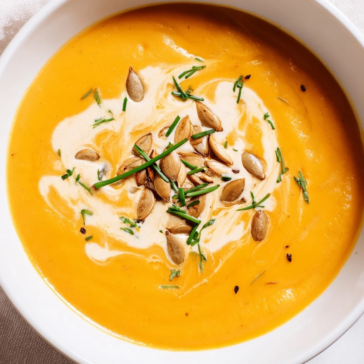 A ladle of Creamy Pumpkin Soup with Pumpkin Seeds next to a crusty bread slice, showcasing a velvety orange texture.