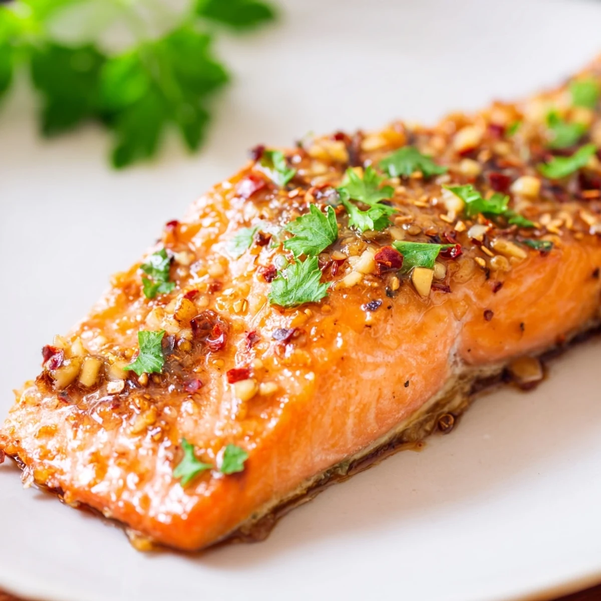 Golden-baked salmon fillet brushed with glossy honey garlic glaze, topped with fresh parsley and lemon wedges on a white plate.