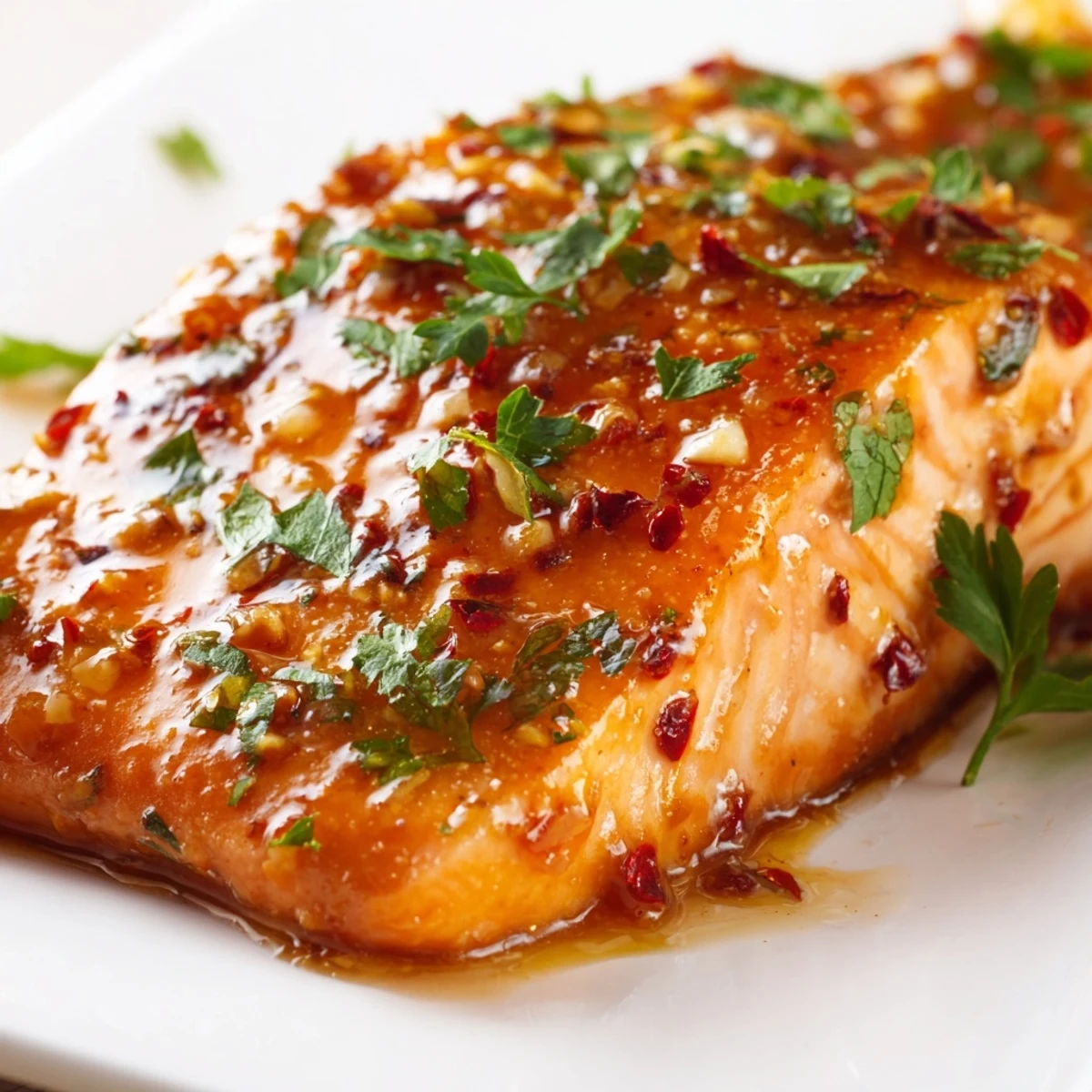 Perfectly cooked Baked Salmon with Honey Garlic Glaze flaking with a fork, drizzled with extra glaze on a dinner plate.