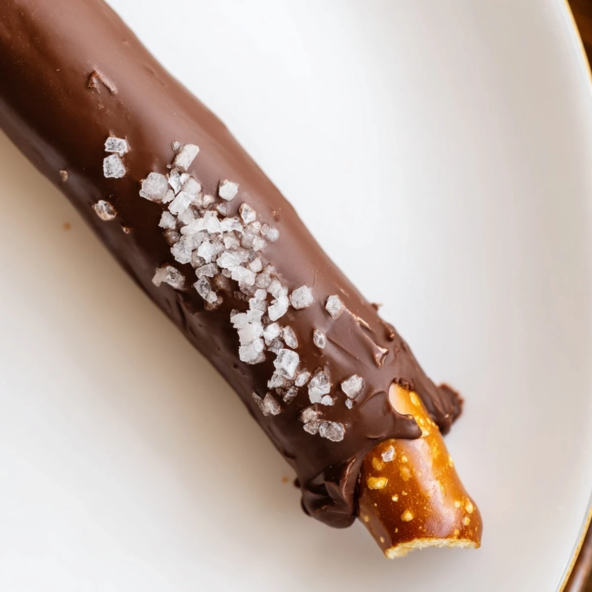 Golden-brown pretzel rods half-dipped in glossy melted chocolate and sprinkled with flaky sea salt on a baking sheet.