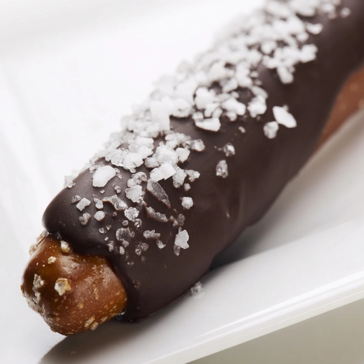 Homemade Chocolate Dipped Pretzels with Sea Salt stacked on a platter, showing crunchy texture and sweet-salty finish.