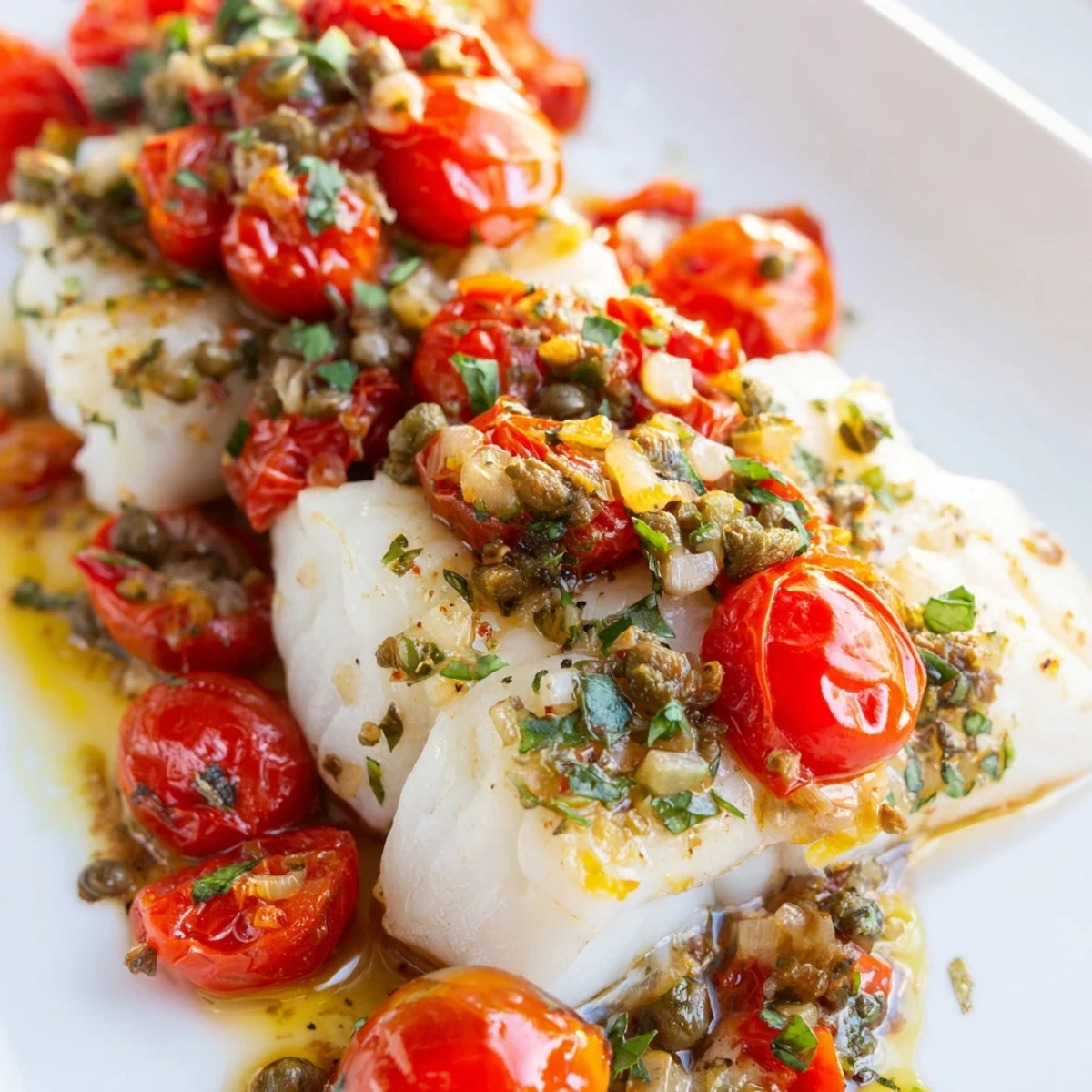 Baked Cod with Cherry Tomato Sauce in a skillet, bright with lemon zest, ready for a green salad.