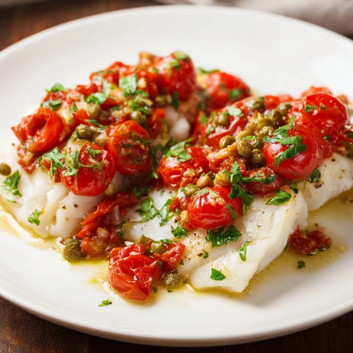 Juicy roasted cherry tomatoes and golden garlic bubbles drape over tender Baked Cod with Cherry Tomato Sauce.