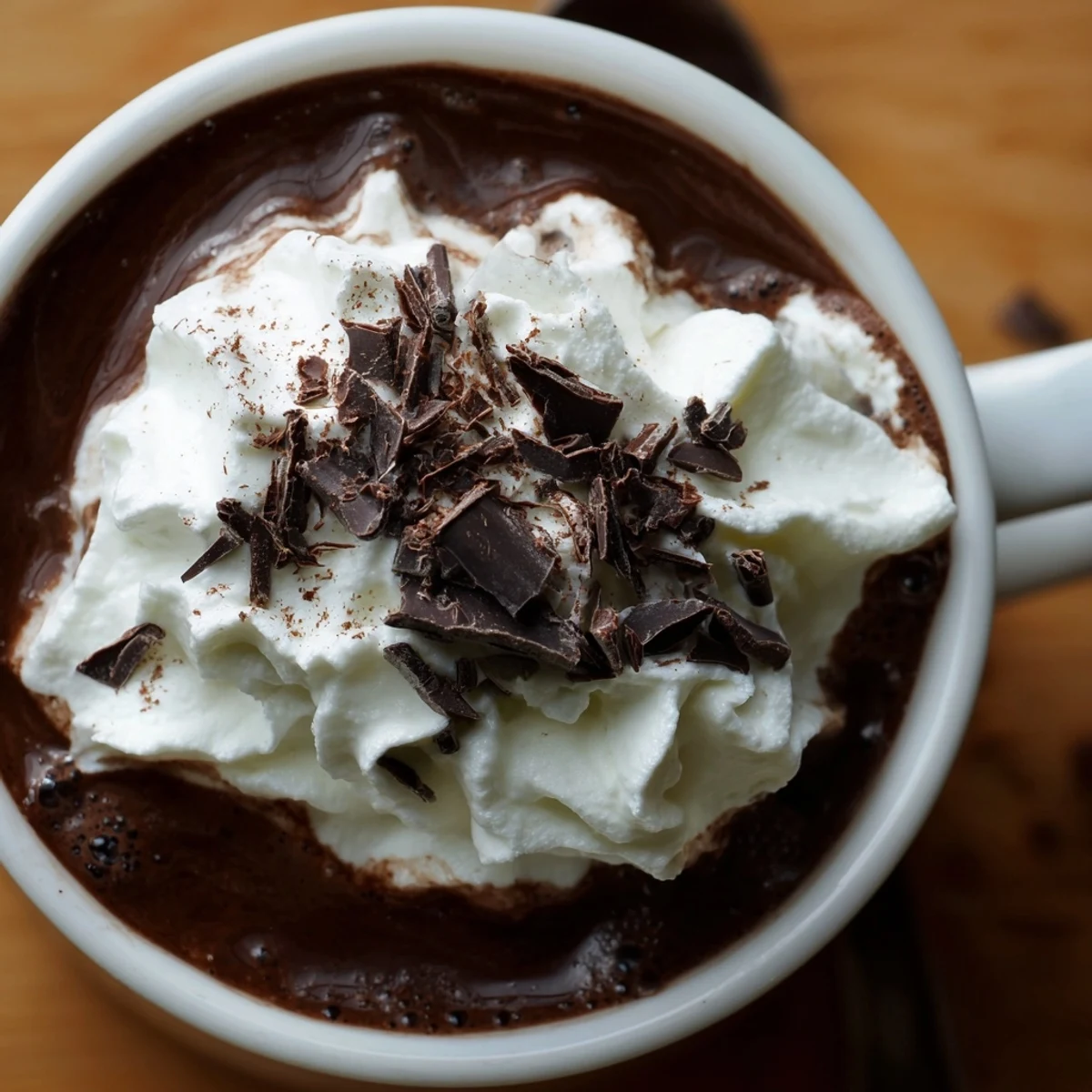 Spiced Hot Chocolate with Whipped Topping steaming in a rustic mug, cinnamon and dark chocolate visible. 