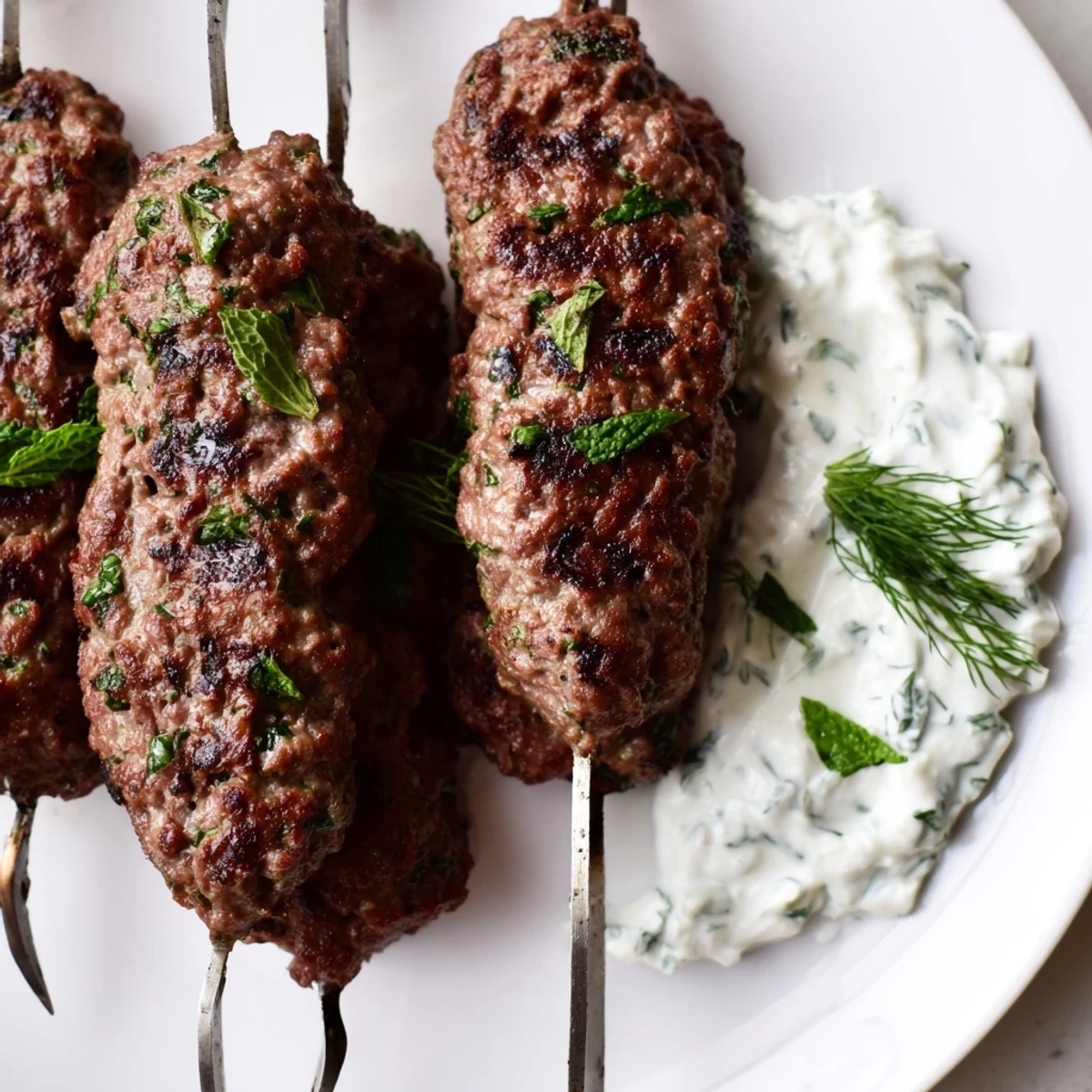 Juicy grilled Beef Kofta Kebabs with Tzatziki sauce drizzled over the top, served with lemon wedges.
