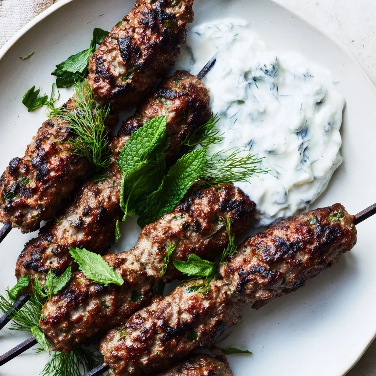 Freshly plated Mediterranean Beef Kofta Kebabs with Tzatziki, garnished with sliced red onions and crisp cucumber.
