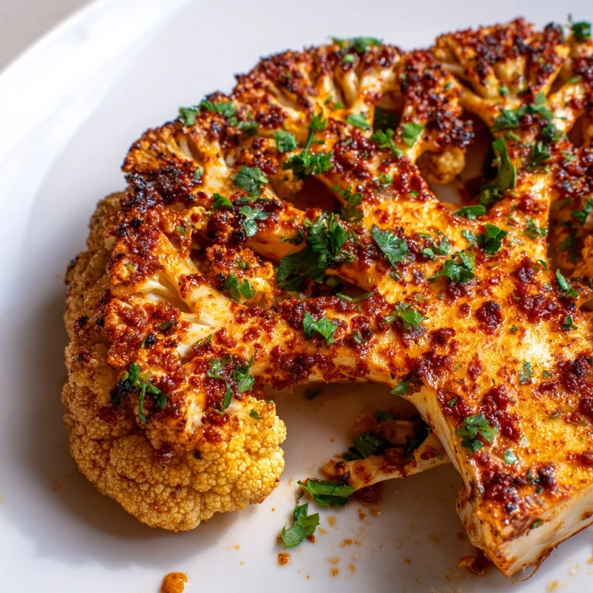 Golden roasted cauliflower steaks brushed with spicy harissa glaze on a white plate, garnished with fresh parsley.
