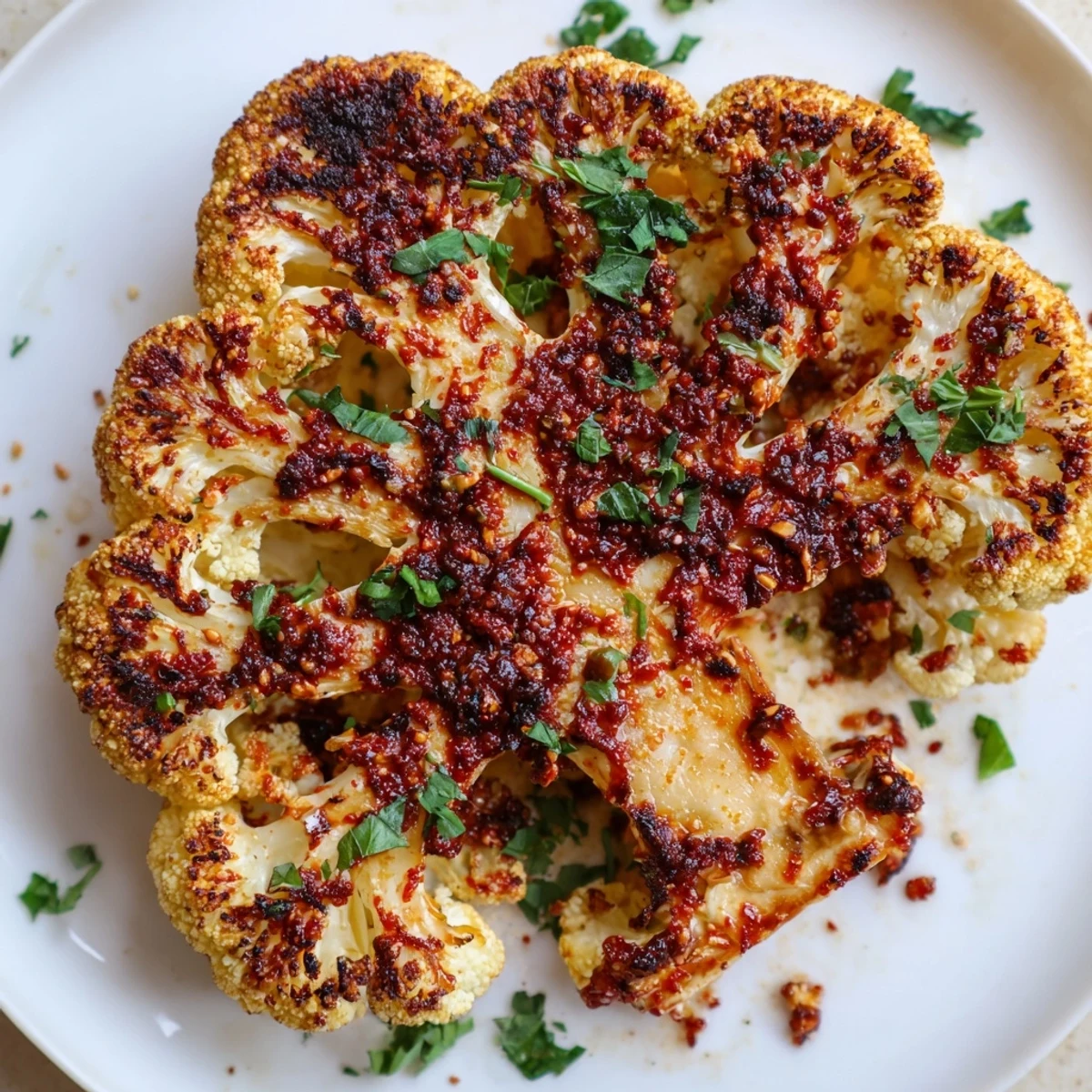 Tender roasted cauliflower steaks with harissa served alongside fluffy couscous and lemon wedges for a fresh meal.