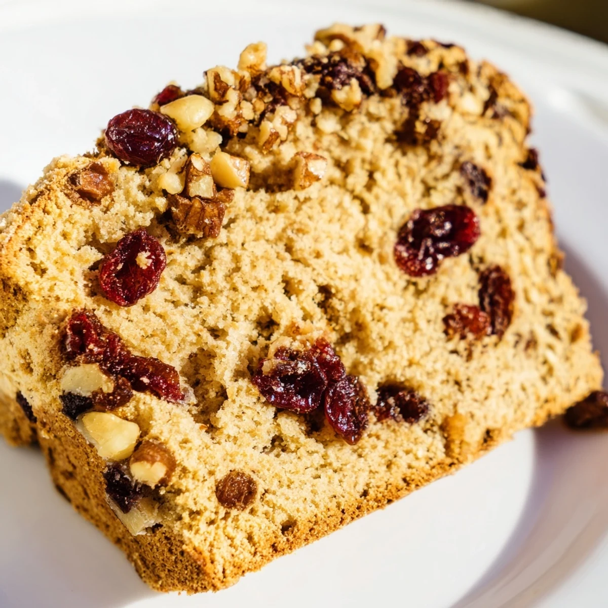 A slice of warm Cranberry and Walnut Soda Bread reveals studded cranberries and crunchy walnuts, ready for butter.