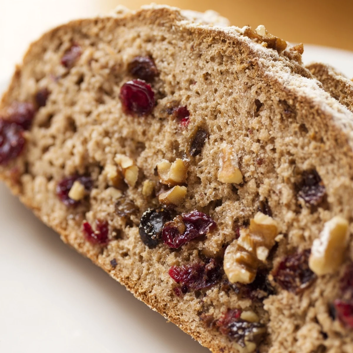 Freshly baked Cranberry and Walnut Soda Bread paired with a steaming bowl of soup and a small butter pat.