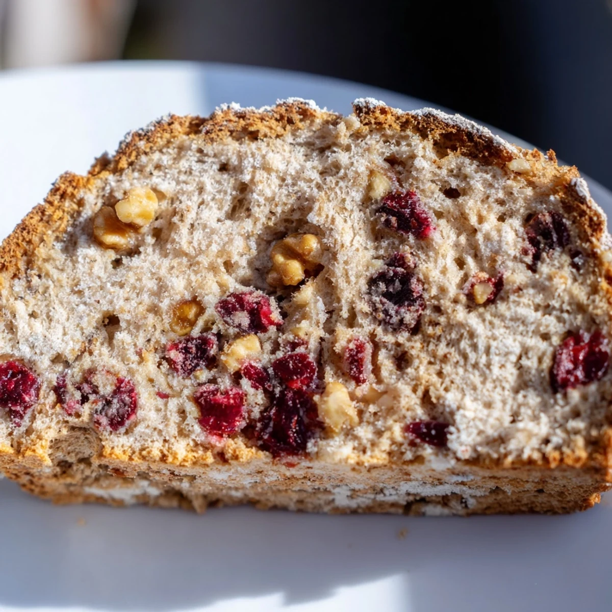 Rustic Cranberry and Walnut Soda Bread loaf cooling on a wire rack, cross-cut top and golden-brown crust.