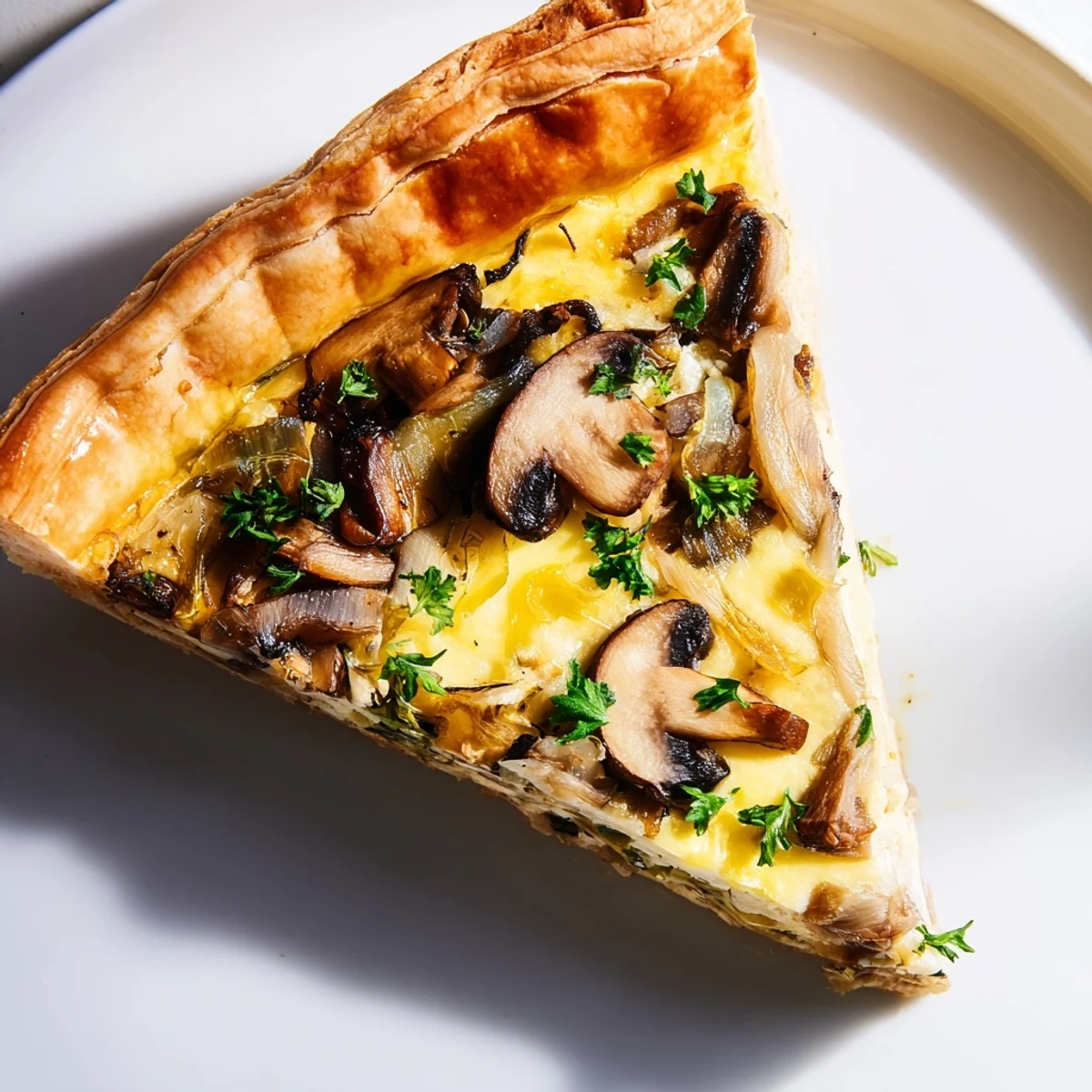 Close-up of a Savory Mushroom and Onion Tart slice revealing creamy egg filling and caramelized onions.