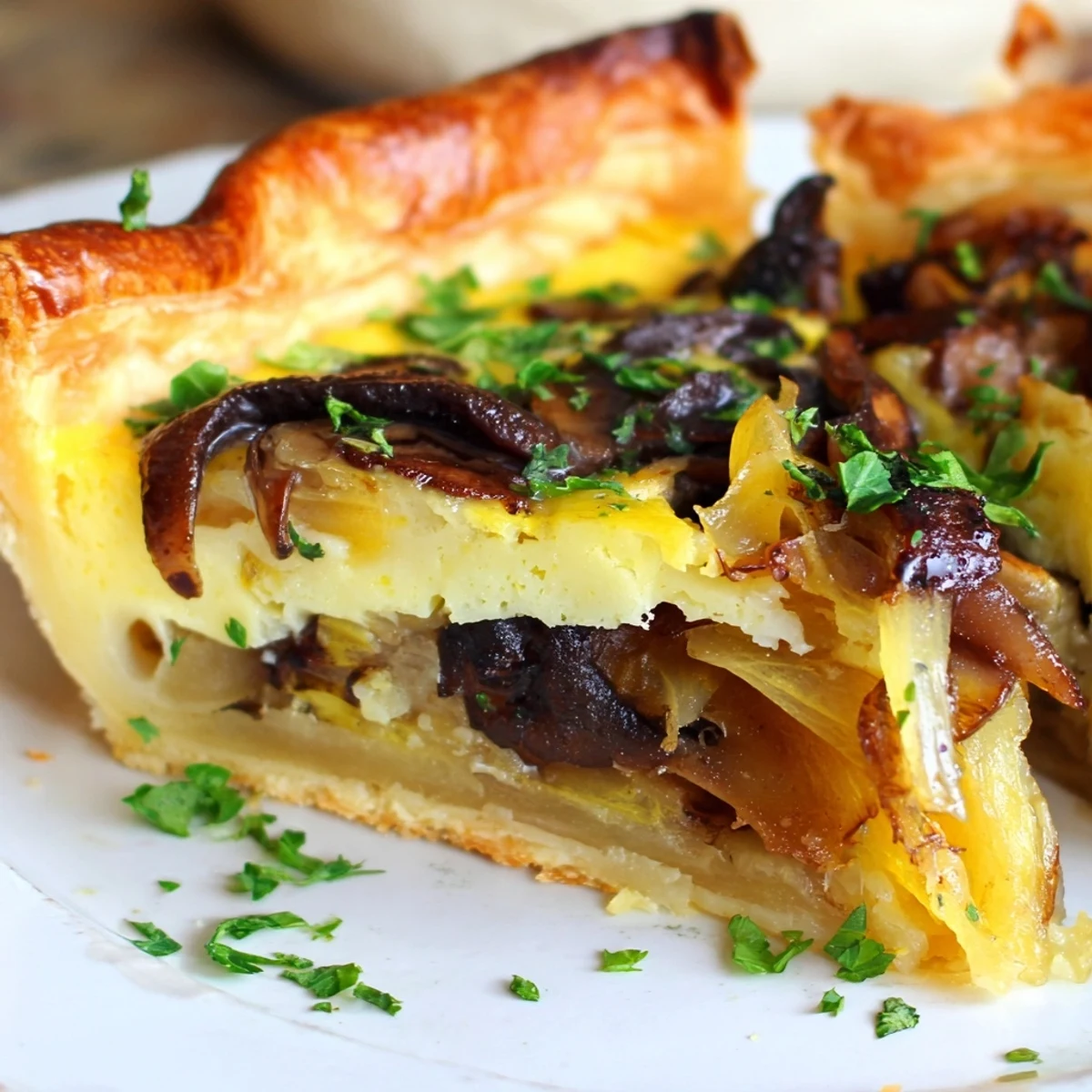 Elegant Savory Mushroom and Onion Tart served on a slate board, garnished with fresh green chives.