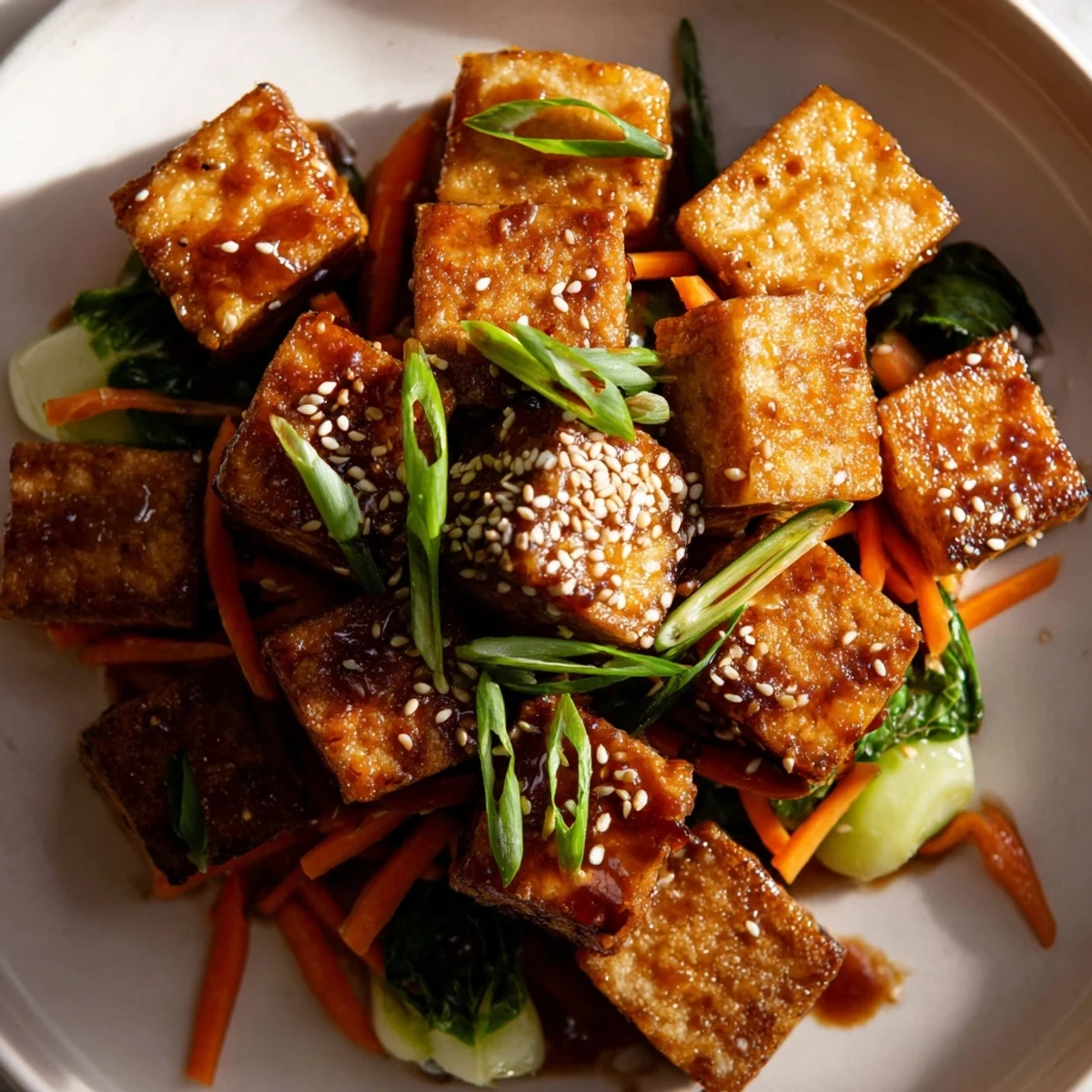 Golden crispy tofu cubes and vibrant green bok choy shine in this savory Asian-inspired stir fry.