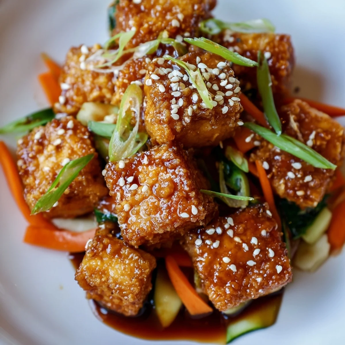 A spoonful of the Crispy Tofu Stir Fry with Bok Choy rests over steamed white rice.