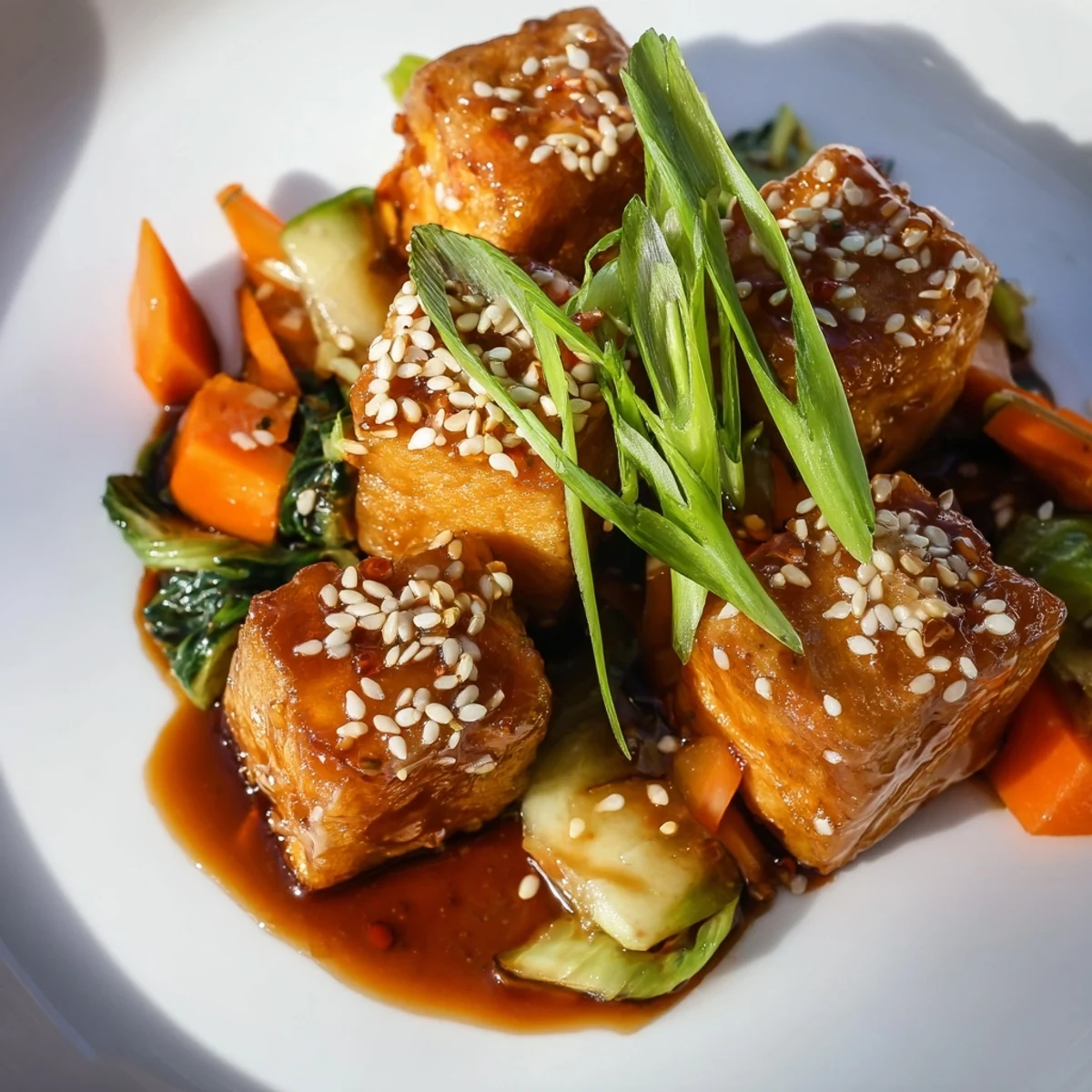 Close-up of the Crispy Tofu Stir Fry with Bok Choy featuring glossy sauce and sesame seeds.