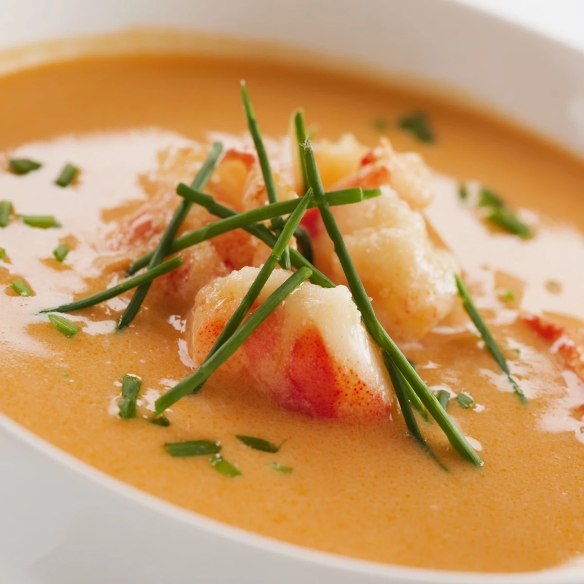 Creamy Lobster Bisque is served warm in a white bowl, garnished with fresh chives, a lemon wedge, and a rich, velvety texture.