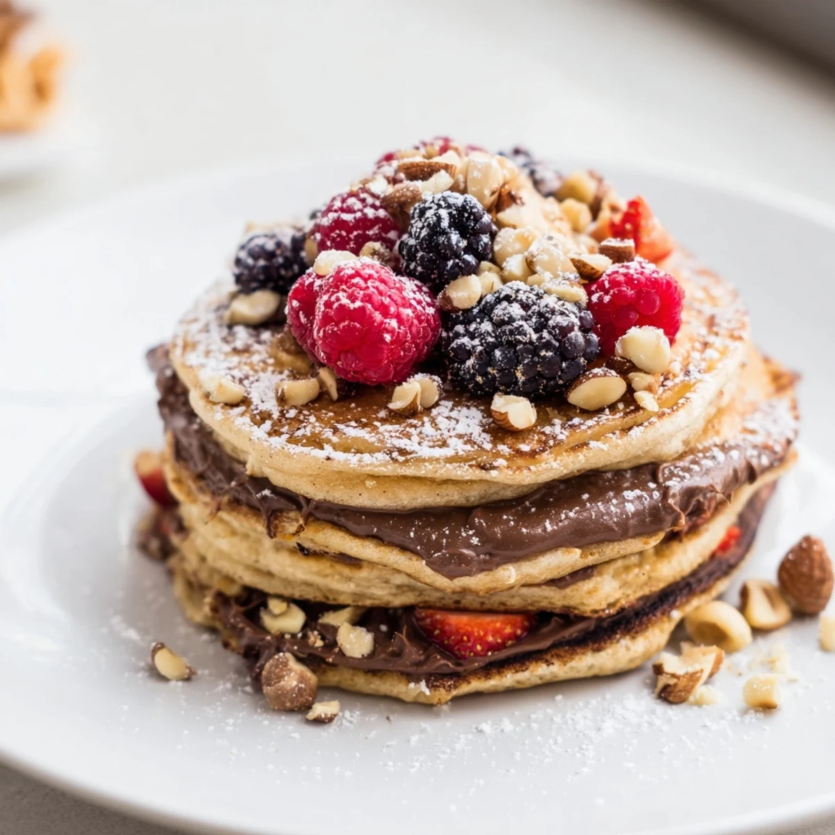 Fluffy Chocolate Hazelnut Spread Pancakes stacked high with melted spread, dusted with powdered sugar and fresh berries.