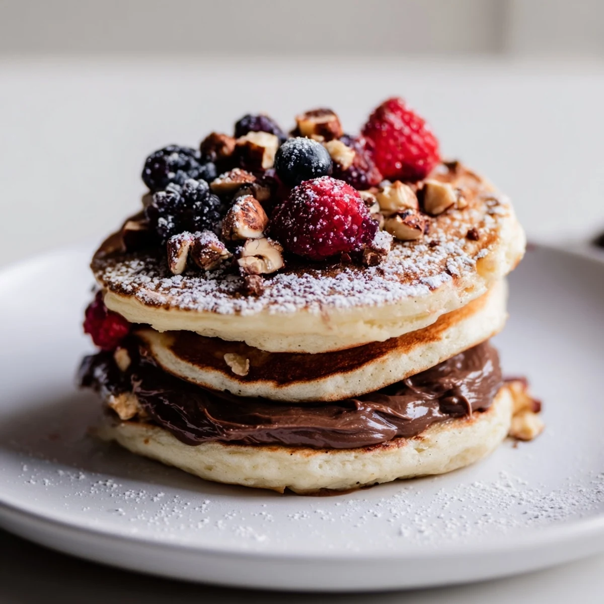 A stack of Chocolate Hazelnut Spread Pancakes served with raspberries and coffee, perfect for a cozy brunch at home.